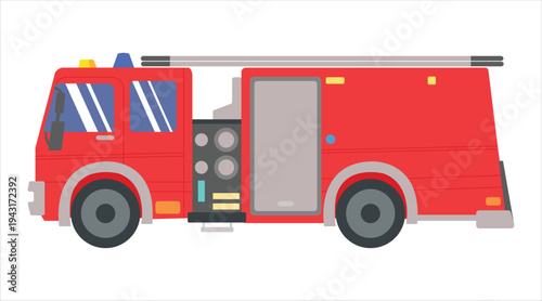 Red fire truck with emergency lights on white background