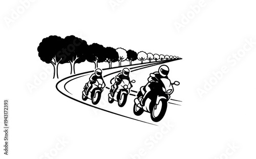 Three motorcyclists on a winding road lined with trees