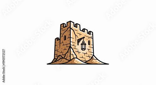 Ancient stone tower with crenellations and a hanging lantern on sandy terrain