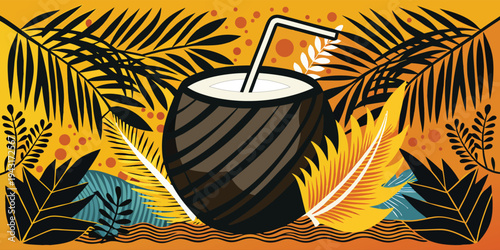  An artistic depiction of a refreshing coconut drink, nestled amidst lush tropical foliage, perfect for evoking a sense of exotic relaxation and the tropics.