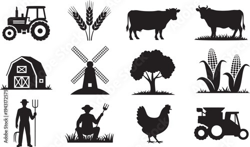 Black and white farm including tractors, animals, and crops wheat