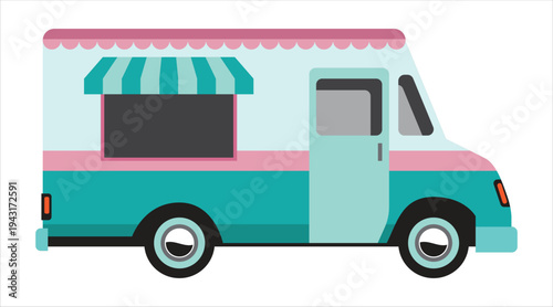 Ice cream food truck side view with awning and serving window
