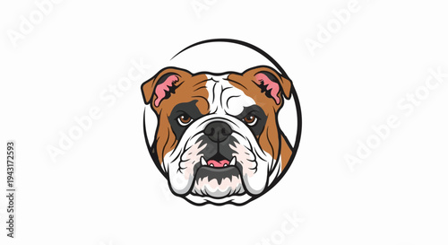 Cartoon bulldog face with brown and white markings within a circle
