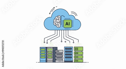Cloud AI brain connects to data servers via network lines