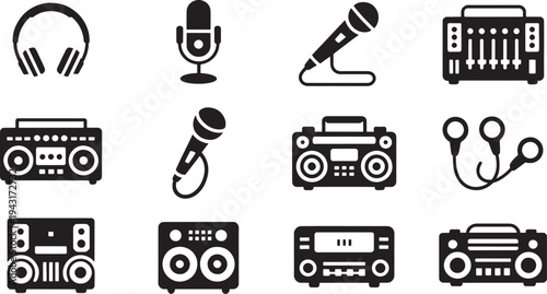 Black and white of audio equipment and accessories headphones