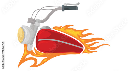 Custom motorcycle fuel tank with flame decals and headlight