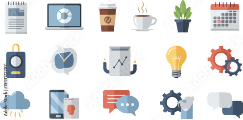 Collection of flat design icons representing business and productivity concepts