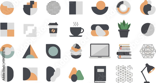 Collection of abstract geometric icons and everyday objects in pastel colors