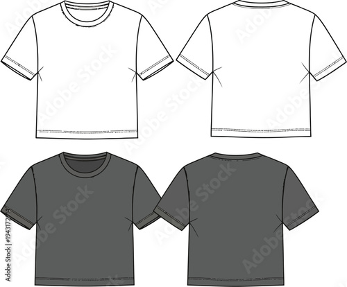 Two views of short-sleeved crewneck t-shirt flat sketches in white and dark gray mockup templates.