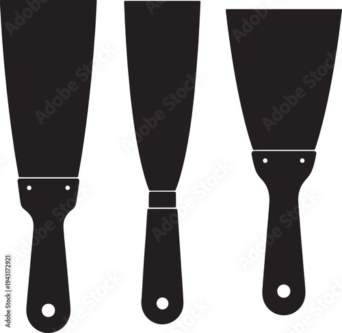 Three black silhouettes of putty knives with different blade shapes and handles also transparent background