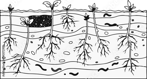 Cross-section showing plant roots, soil layers, and subterranean organisms
