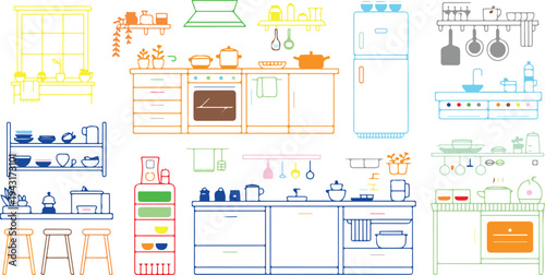 colorful kitchen items and appliances illustration set on white background