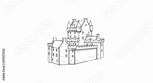 Detailed black and white sketch of a historical fortress with multiple towers and walls