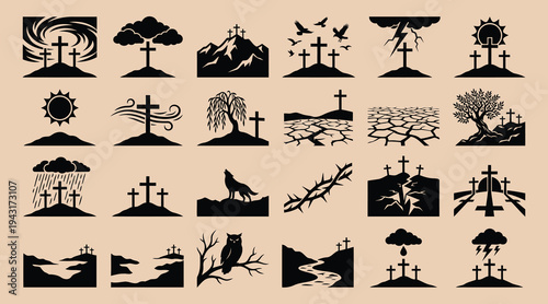 Crosses on hills with various weather conditions and landscapes  symbolic religious icons