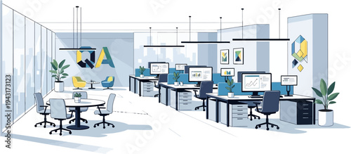 Flat Design Concept Ilustration Modern Office Interior with Desks and Chairs.