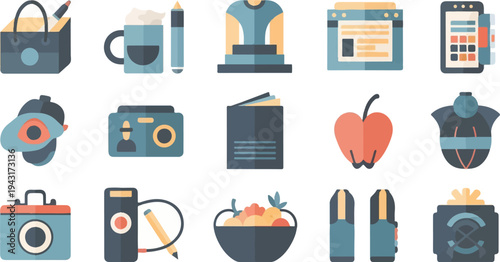 Diverse collection of flat design icons for office, study, and leisure