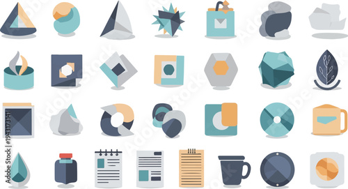 Diverse abstract icons for creative projects geometric shapes, nature, office items