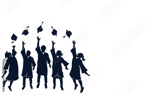 Diverse group in silhouette, jubilantly tossing graduation caps skyward