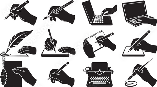 Black and white of hands writing with various tools and devices
