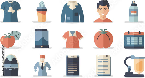 Flat icons of clothing, person, drink, fruit, technology, and calendar