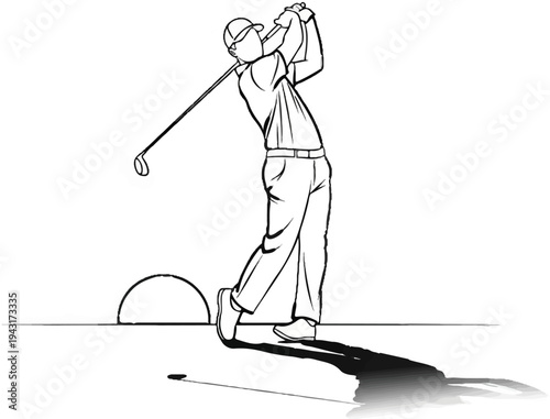 Golfer swings club during sunset, casting a long shadow