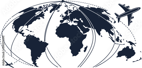  A visual representation of global travel and connectivity, showcasing airplanes traversing the world map, symbolizing the expanse of transportation and tourism.