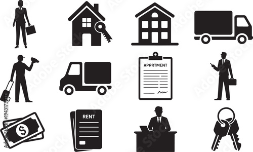 Black and white of people, houses, trucks, documents, and keys related to renting and moving
