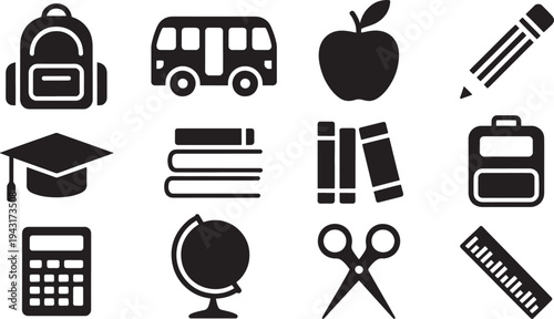 Black and white of school supplies and educational backpack