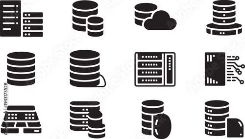 Black and white of servers and databases with cloud and circuit