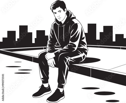 Young man in hoodie sitting on ledge city background vector illustration isolated