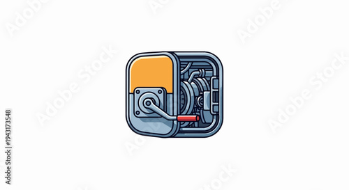 A square, retro-style generator with a crank and internal mechanics visible