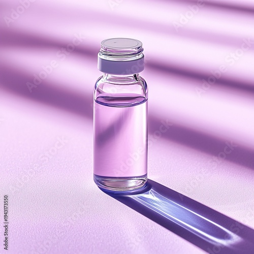 Clear Glass Bottle with Purple Liquid on Soft Purple Background