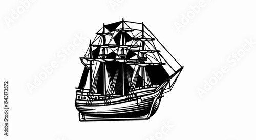 Ornate vintage tall ship with full sails, rendered in black and white