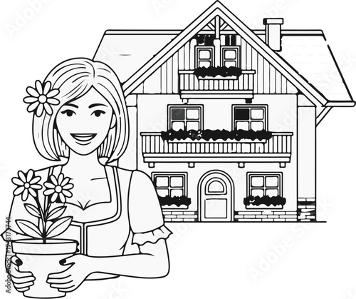 Smiling woman with flowers holds a potted plant in front of a house