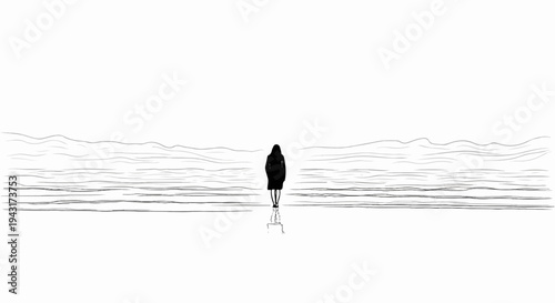 Solitary figure stands on a reflective surface, facing wavy abstract horizon