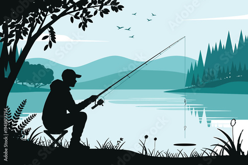 man sitting by lake fishing with rod and reel