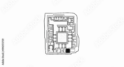 Stylized black and white architectural blueprint of a complex courtyard building with columns