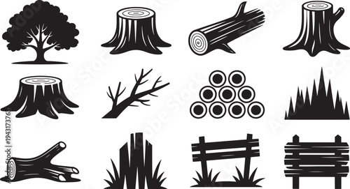 Black and white of trees, logs, stumps, and wooden