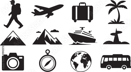 Black and white of travel and adventure including hiking, flying, and landmarks