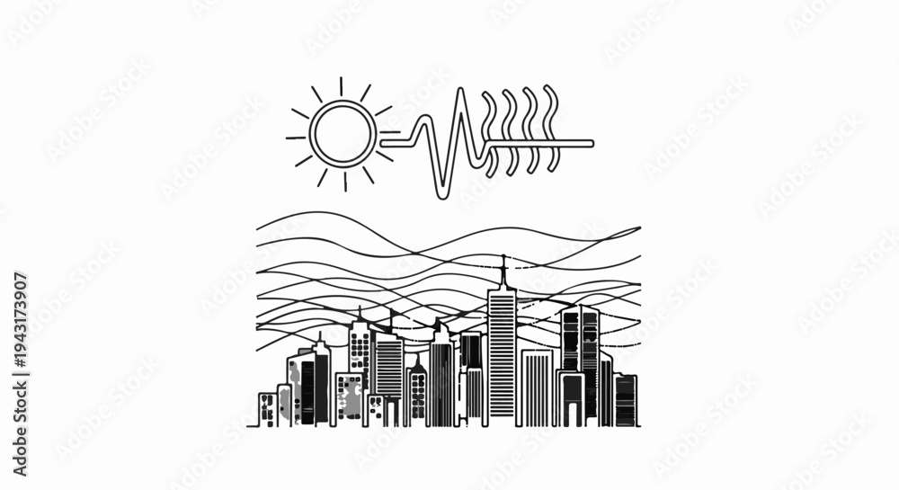 Obraz premium Stylized urban skyline under wavy lines and sun with wavy heat symbol