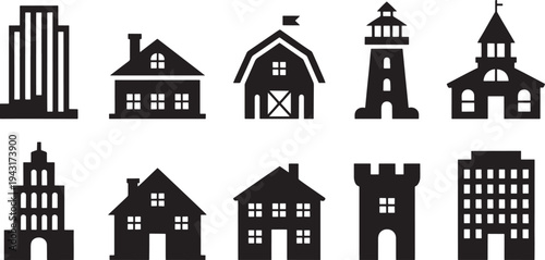 Black and white of various buildings and structures skyscraper