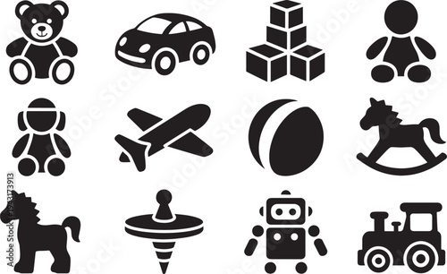 Black and white of various children toys and teddy bear