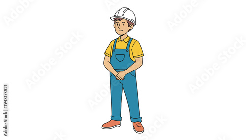 A cartoon worker wearing a hard hat and overalls standing confidently