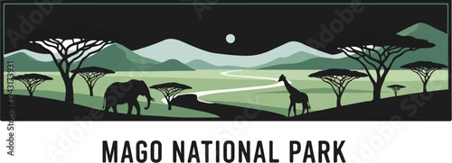 Stylized African savanna landscape with elephant, giraffe, acacia trees, and mountains