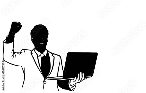A triumphant figure in a suit celebrates with a raised fist and a laptop
