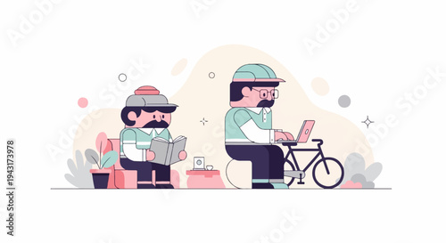 Two flat illustrated characters, one reading, one on a laptop by a bicycle