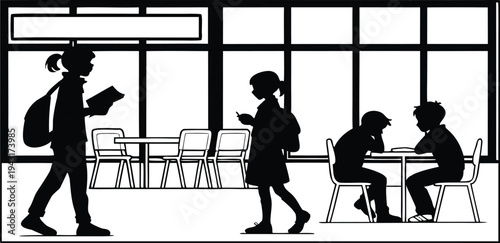 Silhouettes of children going about their day at school. Embracing the essence of education, friendship, and the shared journey through academic life.