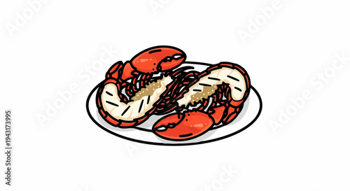 Two cooked lobsters prepared and served on a white plate with a black border