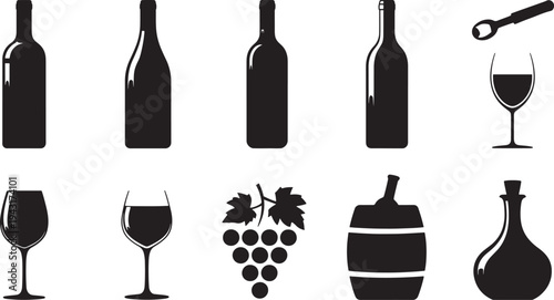 Black and white of wine bottles, glasses, grapes, and barrels wine glass decanter