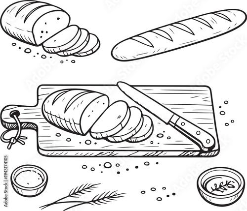 Bread set with loaf baguette knife cutting board crumbs rustic kitchen vector illustration